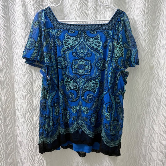 Apt 9 Blue Teal Paisley Print Square Neck Short Sleeve Blouse Top Women Size 1X - Picture 5 of 5